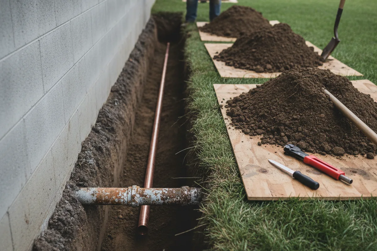 Excavated water line trench during Sewer Line Repair in Lindenwood